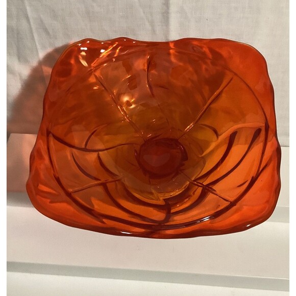 Viking Amberina Orange Yellow Glass Handblown Pedestal Bowl Dish 8" MCM Decor - Picture 3 of 13